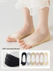 1/4/6 Pairs Ice Silk Toe Socks Spring Summer Low-Cut Invisible Anti-Slip Ultra-Thin Five-Finger Socks - Multicolor - View 1