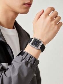 1pc Elegant Vintage Men's Quartz Watch, Square Dial With Arabic Numerals, Premium Alloy Case, Silicone Strap, Fashionable And Minimalist, Suitable For Daily Commute, Office, Casual And Sports, Perfect Match For Modern Casual Attire, Ideal For Travel, Work, Party And Wedding, Great Gift For Boyfriend, Brother, Friend And Family, Perfect For Birthday, Anniversary, Valentine's Day And All Special Occasions, Exquisite Wrist Accessory - Black - View 5