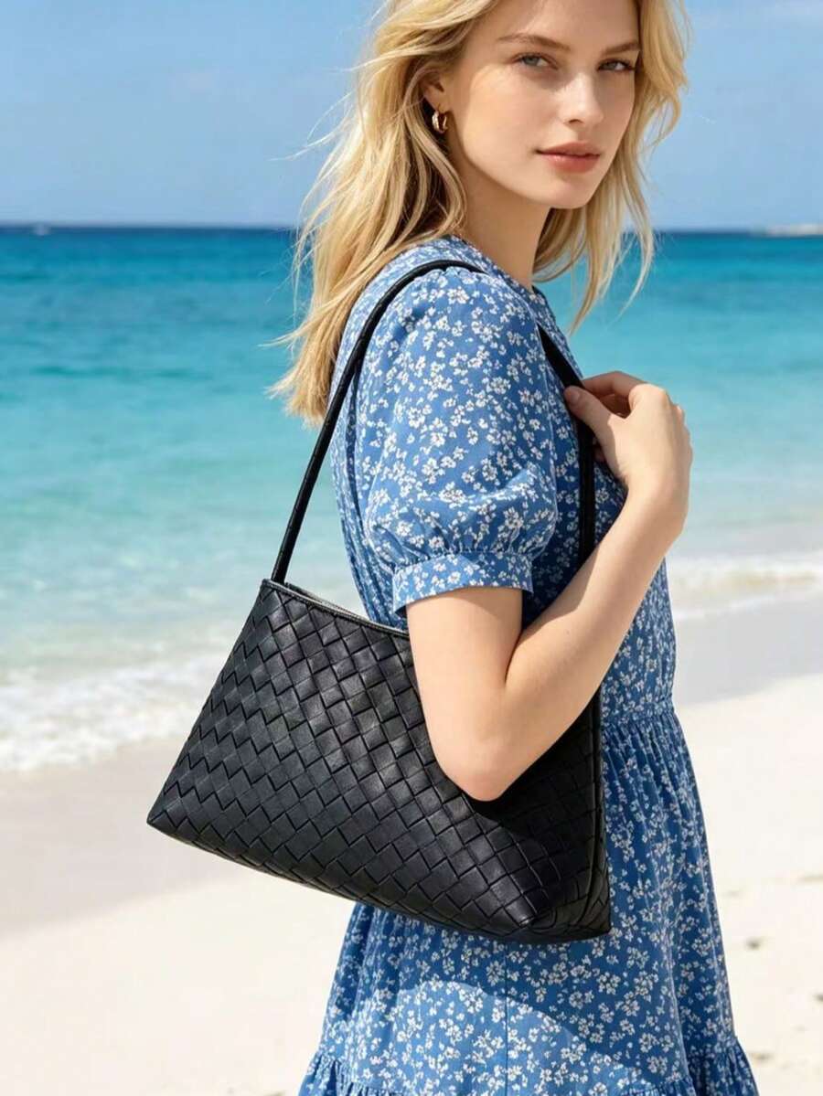 Tas Bahu Anyaman Fashion Wanita, Tas Tote Minimalis, Warna Polos, Tas Bahu Serbaguna untuk Pemakaian Sehari-hari