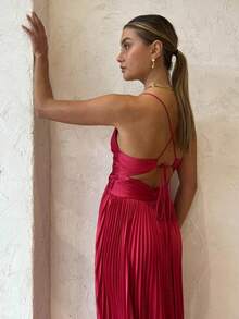 New European-American Spring-Summer 2026 Midi-Party Dress, Pleated, V-Neck, Straps, Wide Skirt - 紅色 - 查看 9