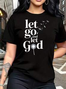 Women's "Let Go And Trust" T-Shirt - Hands In Prayer And Writing, Plus Size, 1 Piece, Funny Graphic T-Shirt, Short Sleeve, Novelty, 100% Cotton, Casual Crew Neck, 220g - 黑色 - 查看 1