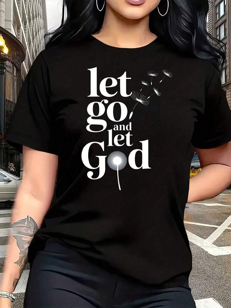 Women's "Let Go And Trust" T-Shirt - Hands In Prayer And Writing, Plus Size, 1 Piece, Funny Graphic T-Shirt, Short Sleeve, Novelty, 100% Cotton, Casual Crew Neck, 220g - 黑色 - 查看 1