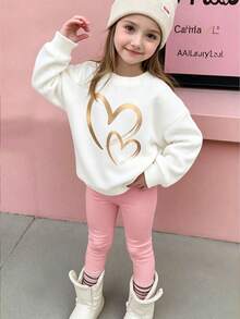 3pcs/Set Tween Girls' Heart Print Warm Crew Neck Sweatshirts - Multicolor - View 7