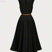 yonghongmaoyi1  MOD Vestido sin mangas de unicolor para mujer (con cinturón), temporada de vuelta a la escuela - Verde militar - Ver 3