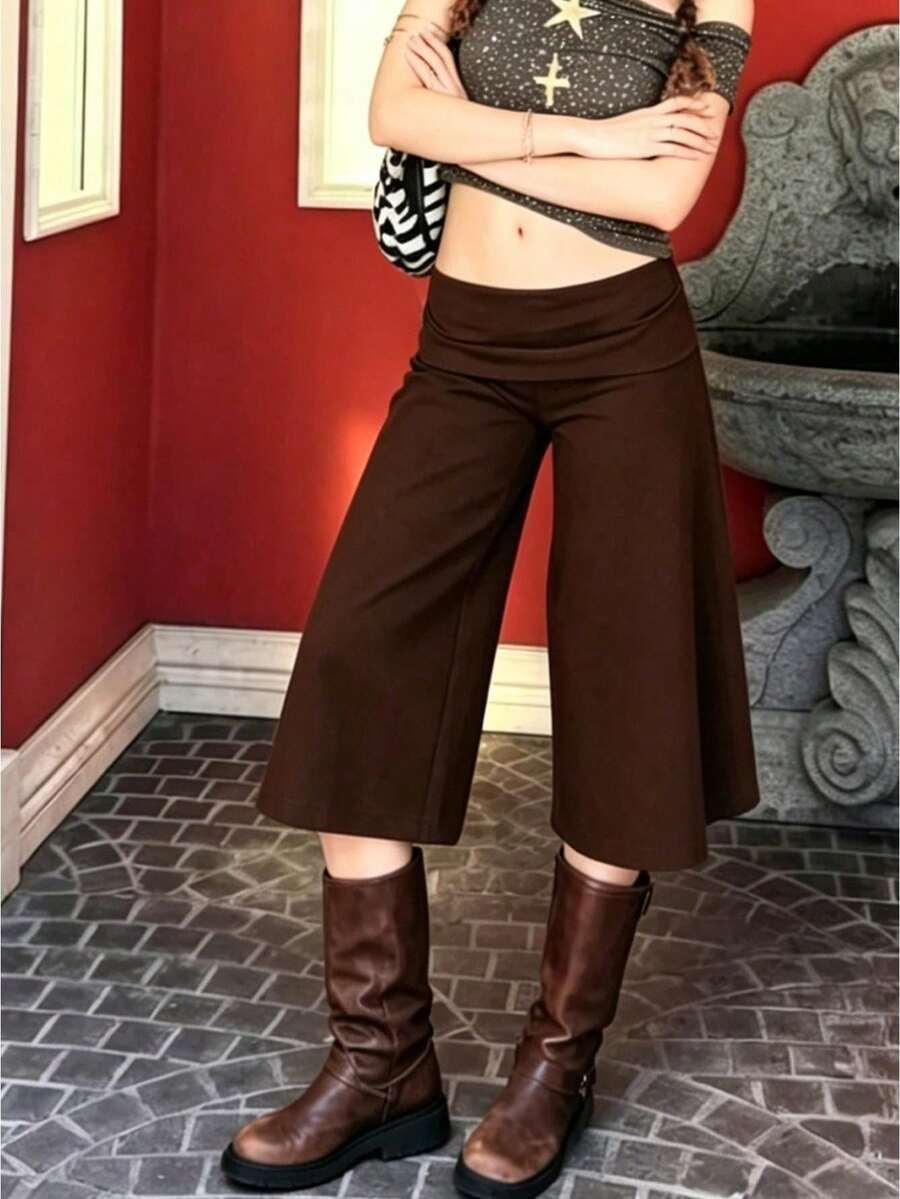 Women 's Fold Over Lounge Capris Wide Leg Low Rise Cropped Gaucho Pants Solid Color Flowy Pajama Bottom - Brown - View 1