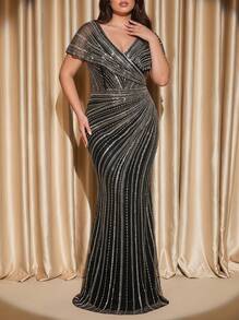 Voworia Plus Size Luxurious Elegant Sparkling Mermaid Evening Gown, Suitable For Attending Galas, Weddings, Balls And Red Carpet Events Party - Silver - View 1