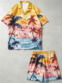 Striville Men's Sunset Palm Tree Print 2-Piece Set Shirt Collar Beach Shirt And Shorts - Multicolor - View 3