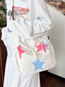 1pc White Summer New Star Decor Large Capacity Nylon Tote Bag Women's Shoulder Crossbody Bag - White - View 3
