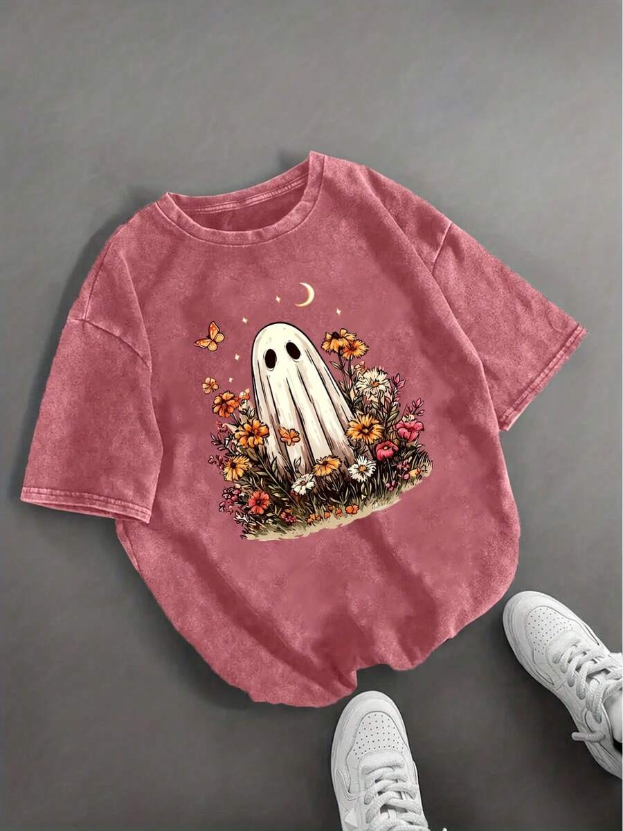 Camiseta de Manga Corta Vintage Lavado Azul Talla - Estampado Gótico con Fantasmas Sonrientes, Hongos y Mariposas - Top Casual de Verano Ombre para Estilo Boho, Gótico y Casual (Lavab - Negro - Ver 1