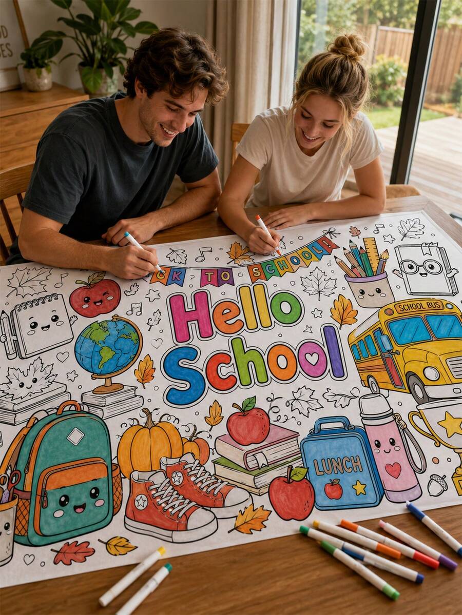 Hello School 彩繪桌布 PE 印花長方形餐墊，適合兒童返校派對、教室活動、居家娛樂、感恩節與派對裝飾 - A - 查看 1