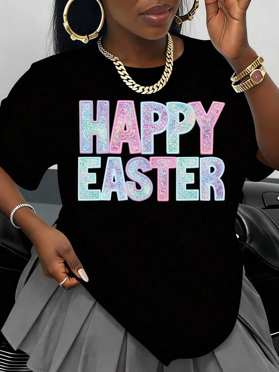 Camiseta con Estampado Brillante de Feliz Pascua para Mujer, Blusa Blanca de Algodón, Ropa Festiva para Celebración de Pascua, Camiseta de Temporada de Primavera - Negro - Ver 1