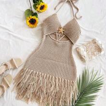yonghongmaoyi1 Vestido mini de mujer  con tirantes finos, escote en V, calado, estrella de mar de metal tejida, flecos, para vacaciones, playa, cita, boda, fiesta, crucero, - Beis - Ver 6