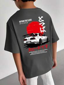 Boys "Beyond Time" JDM Racing Car Graphic Print Short Sleeve T-Shirt, Cool Street Style Summer Top - Dark Grey - View 2
