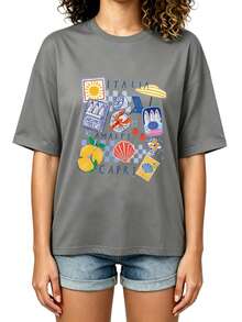 Summer Style Women's T-Shirt With Italian Print. Lemons, Parasol And Seafood, Comfortable Cotton. Ideal For The Beach, Holidays And As A Gift. - 灰色 - 查看 2