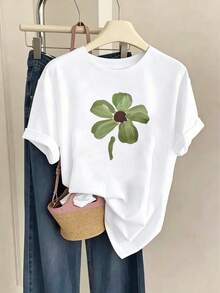 Women's Standard Pattern Print T-Shirt, White, 100% Cotton, Summer Clothing, Pure Cotton T-Shirt Casual - White - View 1