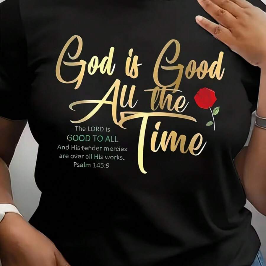 Women's Top With "God Is Good At All Times" Print, Elegant Alphabet Pattern, Polyester Knit Fabric, Medium Stretch, Suitable For All Seasons. - 黑色 - 查看 1