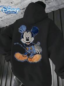 Disney Retro Mickey Mouse Denim Patchwork Hoodie, Vintage Frayed Edge Print, Black Casual Hooded Sweatshirt - Black - View 1