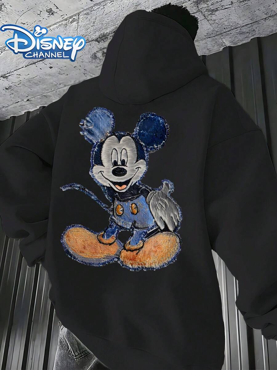 Disney Retro Mickey Mouse Denim Patchwork Hoodie, Vintage Frayed Edge Print, Black Casual Hooded Sweatshirt - Black - View 1