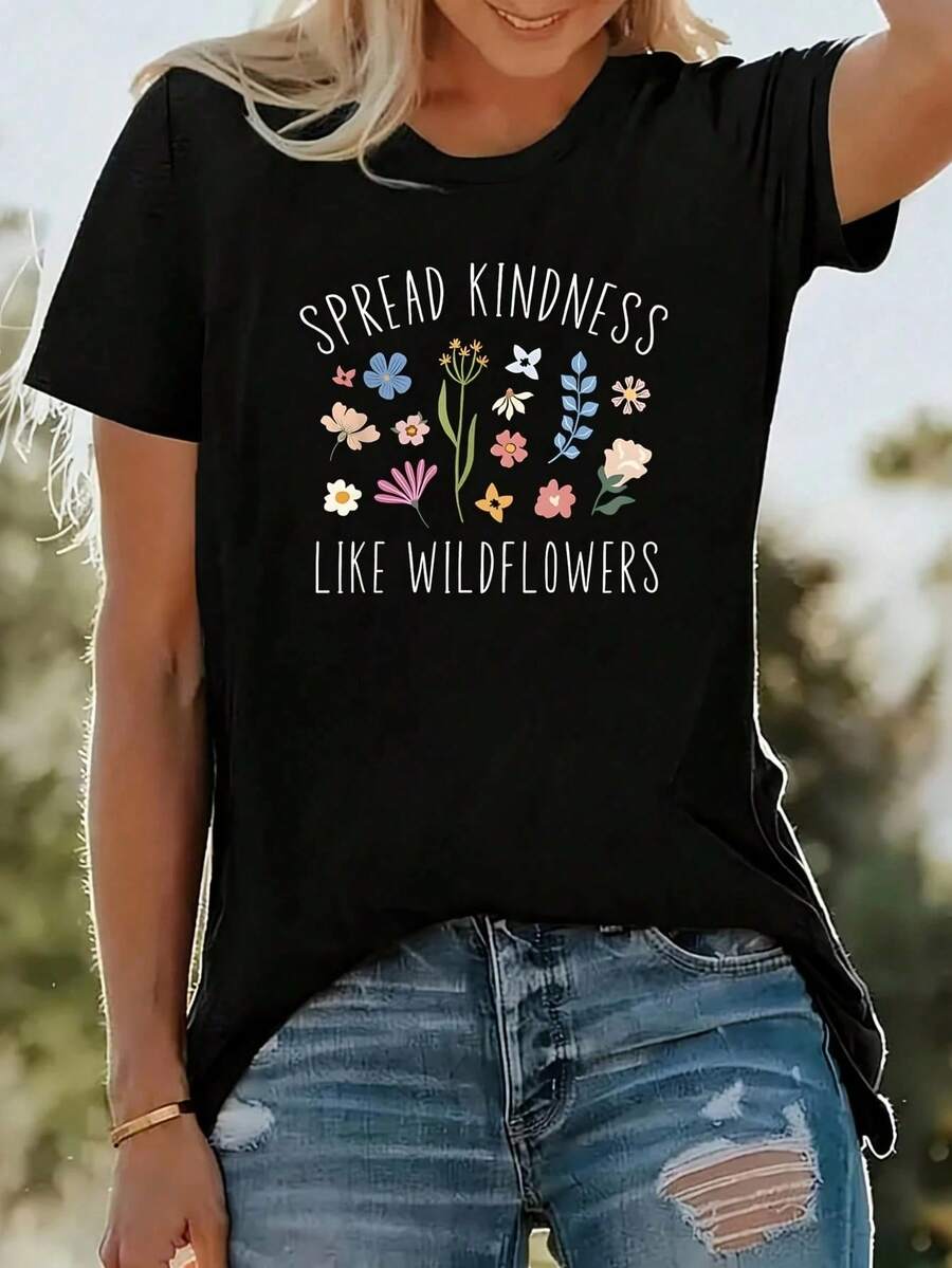Difunde bondad como flores silvestres - Camiseta inspiradora boho para mujer, talla grande, de manga corta, con cuello redondo, diseño novedoso, informal, divertida, con estampado gráfico, 1 - Negro - Ver 1