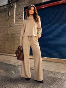 Women's Set In Elegant And Comfortable Ribbed Knit Fabric, Winter Fashion, Chic Blogger Style - Beis - Ver 4