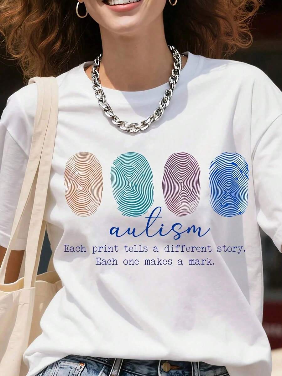 Camiseta de Concientización sobre el Autismo con Diseño de Huella Dactilar, Cada Estampado Cuenta una Historia Diferente, Cada Uno Deja una Huella, Camiseta Blanca de Cuello Redondo para Muj - Blanco - Ver 1