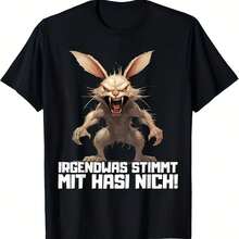 Funny T-Shirt With German Proverbs Something Is Wrong, Sarcastic Bunny, Irgendwas Stimmt Mit Hasi Nicht, Black, Casual, Short Sleeve - 彩色 - 查看 1
