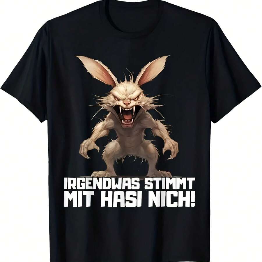 Funny T-Shirt With German Proverbs Something Is Wrong, Sarcastic Bunny, Irgendwas Stimmt Mit Hasi Nicht, Black, Casual, Short Sleeve - 彩色 - 查看 1