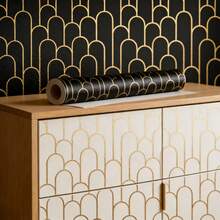 1 Rolo de Papel de Parede Autoadesivo Preto, Papel de Contato Texturizado Dourado, Adequado para DIY, Decoração de Parede de Quarto, Fácil de Manter, Removível, Adequado para Armários, Tampos de Mesa, Portas de Armário, Reforma de Móveis, Papel de Parede de Bottom para Quarto e Sala de Estar - semicírculo verde - Visão 3