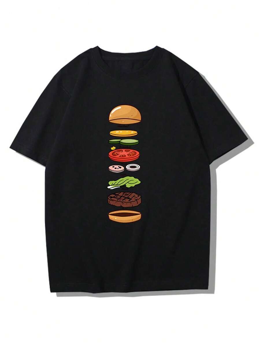 Short-Sleeved T-Shirt With A Fun Print Of A Hamburger Decomposition Diagram, Custom Design, Unisex, Modern And Versatile. - 黑色 - 查看 1