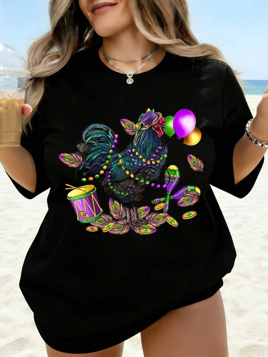 Women's White T-Shirt With Mardi Gras Rooster Design, Colorful Beads, Balloons And Drum Festival Themed Graphics, Summer Beach Party Wear - 黑色 - 查看 1