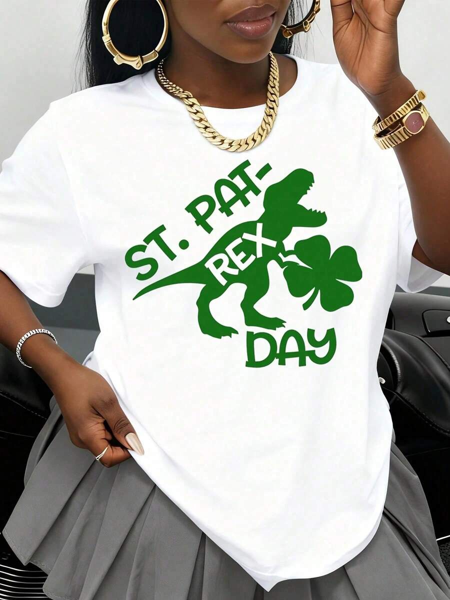 Camiseta Negra con Diseño de Dinosaurio y Trébol para el Día de San Patricio, Camiseta Gráfica Divertida para Fiestas, Unisex, Casual, para Hombres y Mujeres - Blanco - Ver 1
