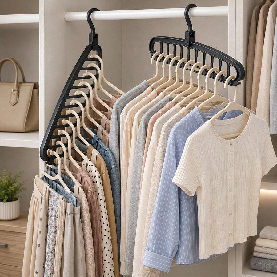 3pcs Black 11-Hole Hanger Organizer With Grey Swivel Hook, Non-Slip And Space-Saving. Suitable For Hanging Coats, Shirts, Dresses, Ties And Pants. - View 1