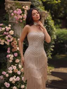 Gaun Pesta Pernikahan Maxi Seksi Baru Tanpa Lengan Berhiaskan Rhinestone, Tanpa Punggung, Ketat, Asimetris, dengan Rumbai di Bagian Bawah - Aprikot - View 3