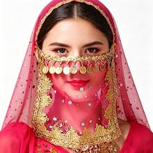 1pc Handmade Chiffon Veil With Hanging Gold Coins Elastic Headband Women's Belly Dance Costume, With Sequin Skirt Sari Style, Suitable For Festival Party Nightclub Beach Decor, Bohemian Vintage Style - Multicolor - View 2