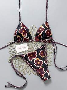 2-Piece Bikini With Retro Floral Print, Color Block And Plaid, Suitable For The Beach, Pool, Cruises And Parties During Spring And Summer Holidays - 黑色和紫色 - 查看 1