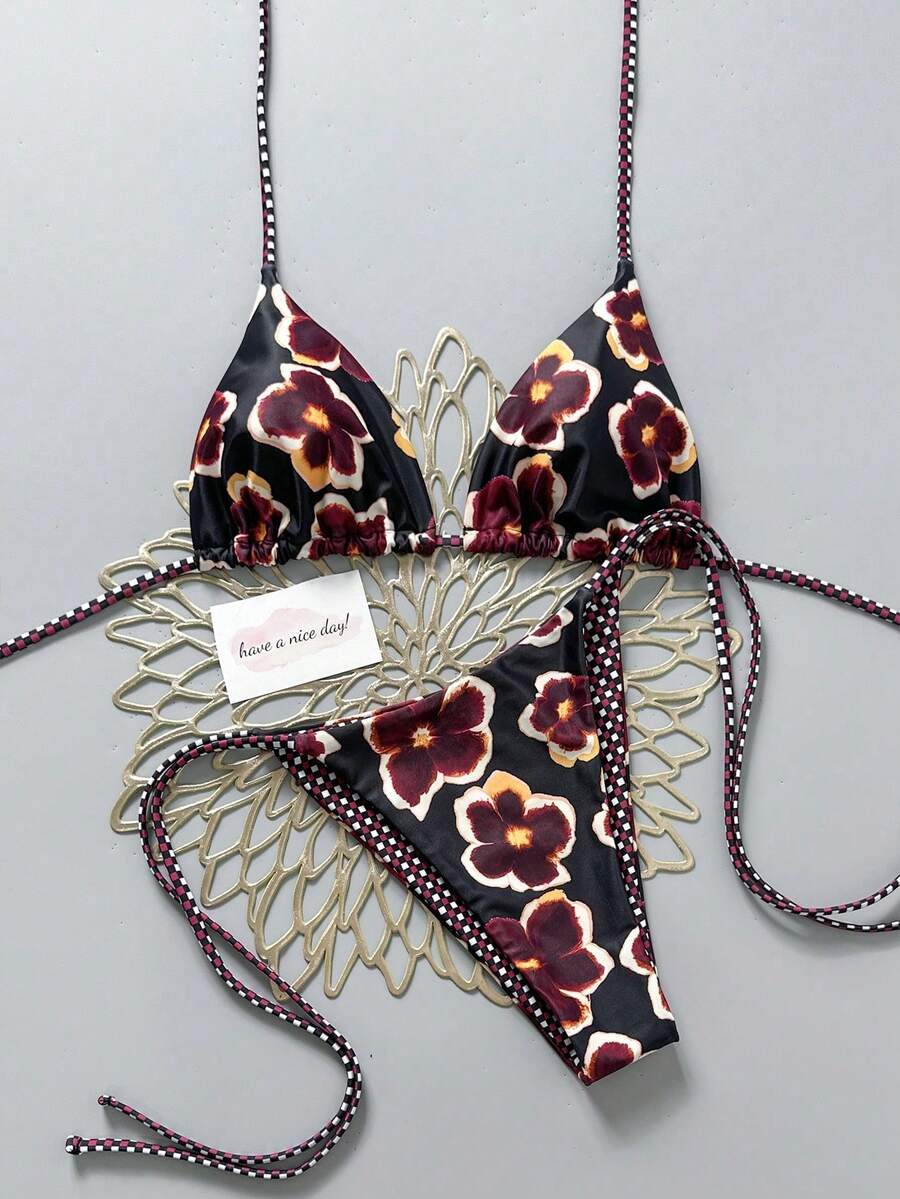 2-Piece Bikini With Retro Floral Print, Color Block And Plaid, Suitable For The Beach, Pool, Cruises And Parties During Spring And Summer Holidays - 黑色和紫色 - 查看 1