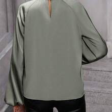 Clasi Camisa casual sólida de manga larga y sencilla con diseño hueco para mujer - Verde militar - Ver 3