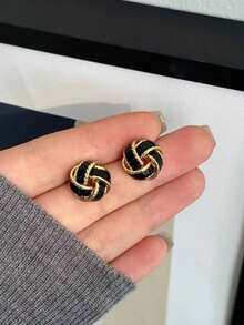 1對黑色法式復古時尚極簡幾何圓形編織球同心結耳釘，適合女性日常與節日穿著 - 黑色 - 查看 2