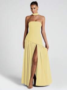 Women's Elegant Fashion Party Dress, Fitted Plain, Open Back, Floating Ribbon, European Style, New - Yellow - View 3