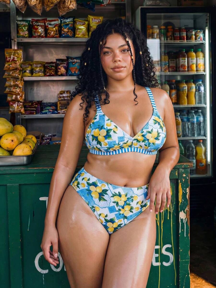 Swim Vcay Conjunto de bikini de tiras de espagueti con estampado de limón para mujer de talla, traje de baño elegante para la playa - Multicolor - Ver 1
