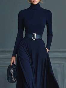 REFRESH YOUR WARDROBE NOW! Women's Autumn-Winter Dress, Long Sleeve, High Neck, Fitted Waist, Solid Color, Full Skirt, Sharp Effect, Elegant, Best Seller, Date - 白色 - 查看 2