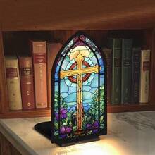 Christian Gothic Vintage 2D Acrylic Tabletop Ornament,Pointed Cathedral Arch Frame,Faux Stained Glass Golden Cross Purple Floral Sky Art Desk Decor,Bookshelf Display Gift For Catholic Believers & Faith Home Decor Lovers - 1PC - View 4