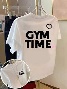 Camiseta de algodón puro con estampado Gym Time corazón estilo minimalista moderno para mujeres amantes del fitness moda deportiva casual - Blanco - Ver 1