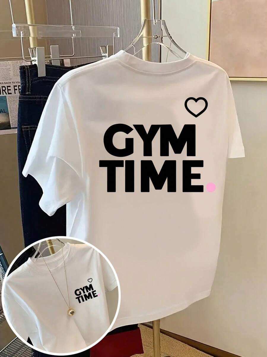 Camiseta de algodón puro con estampado Gym Time corazón estilo minimalista moderno para mujeres amantes del fitness moda deportiva casual - Blanco - Ver 1