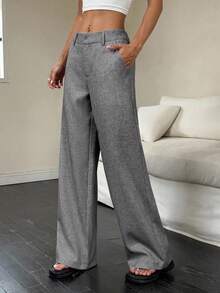 1 pieza Pantalones de Mujer Casuales, para Uso Diario, al Aire Libre, para Viajes, a Cuadros, de Cintura Baja, Corte Relajado, Pierna Recta, Gris, Estilo Retro de Otoño para Mujer - Gris - Ver 1