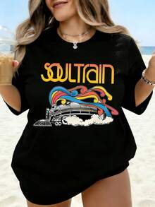 Camiseta Blanca con Estampado de Tren Retro Soul Train para Mujer, Top Casual de Verano para Playa, Camiseta Oversize para Festivales, Fiestas y Vacaciones - Negro - Ver 1