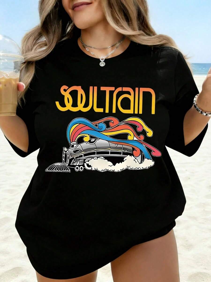 Camiseta Blanca con Estampado de Tren Retro Soul Train para Mujer, Top Casual de Verano para Playa, Camiseta Oversize para Festivales, Fiestas y Vacaciones - Negro - Ver 1