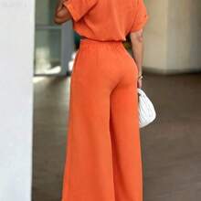 jianchaimaoyi02 Conjunto de top corto con escote entallado y pantalones de pierna ancha de unicolor minimalista para uso casual y diario, elegante en negro para primavera/verano/otoño - Albaricoque - Ver 3