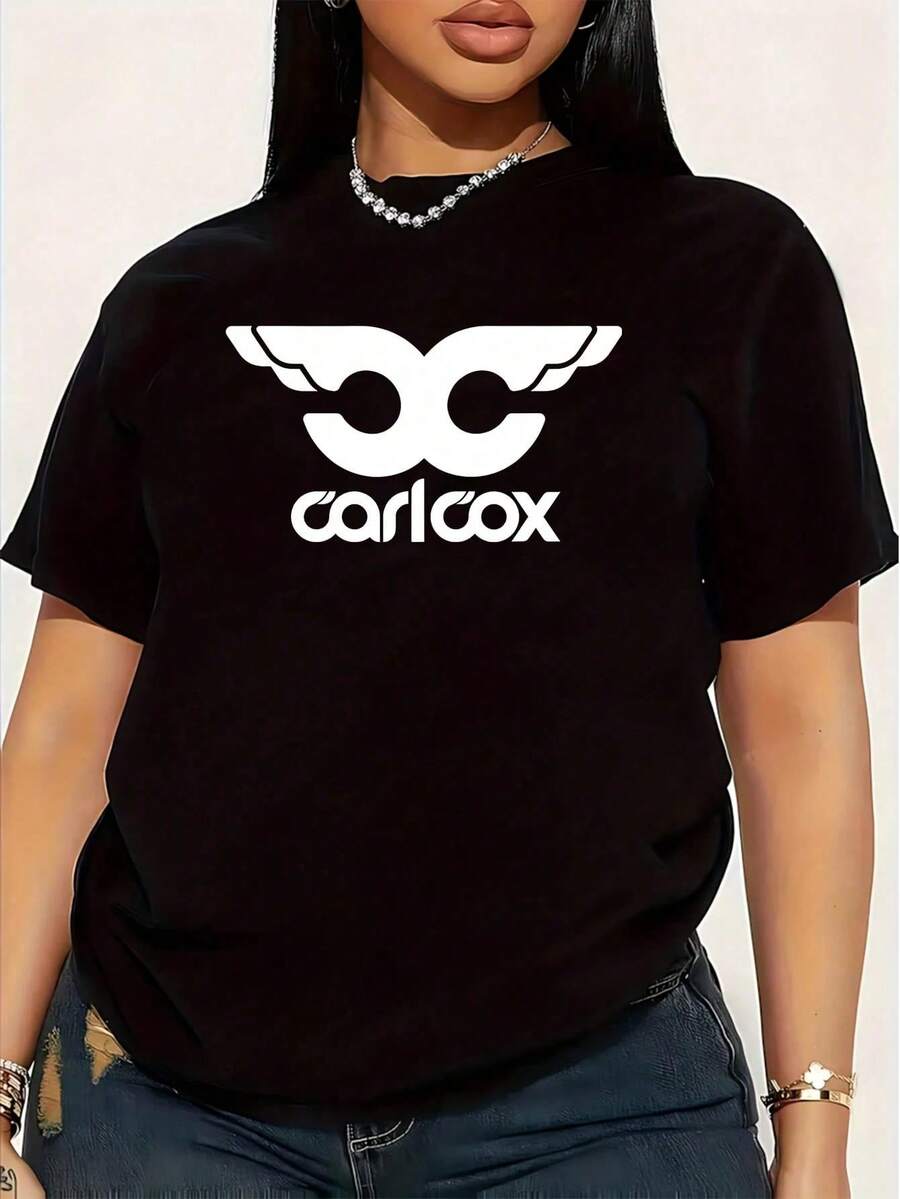 Camiseta Carl Cox CC White Wings para Mujer, Talla Grande, 1 Pieza, Divertida, con Estampado Gráfico, Manga Corta, Novedosa, 100% Algodón, Cuello Redondo, Informal, 220g - Negro - Ver 1