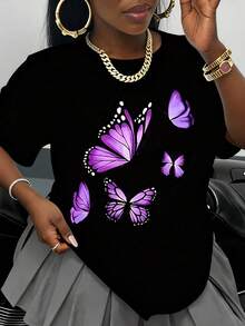 Camiseta Blanca con Estampado Floral Azul para Mujer, Top Casual de Manga Corta, Camiseta Gráfica de Moda de Verano para Uso Diario e Ideas de Regalo - Negro - Ver 1
